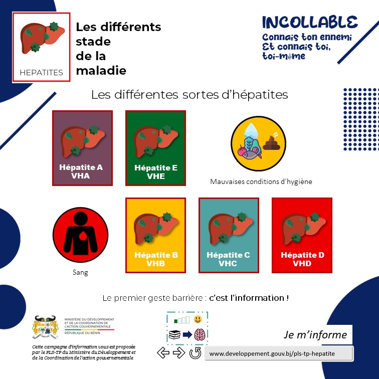 les différentes sortes d’hépatites, A,E,B,C et D.
